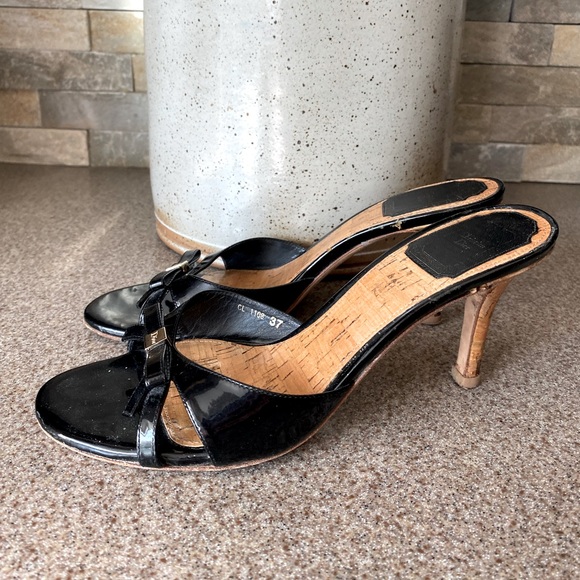 Christine Dior Patten Leather Bow Tie Slide Heels - Picture 1 of 8